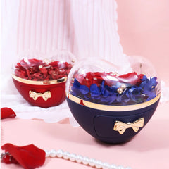 Two heart-shaped jewelry boxes with clear lids, one red and one blue, containing preserved flowers.