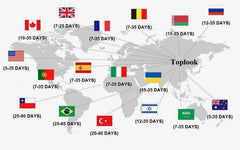 A world map showing estimated shipping delivery times to various countries from Toplook.