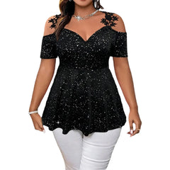 A black glittery cold-shoulder peplum top with lace accents and a V-neckline.