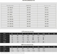 A size recommendation chart for a men's formal suit including jacket and pants measurements.