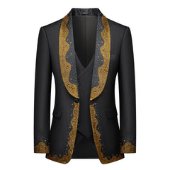 A black three-piece suit featuring a shawl lapel adorned with intricate gold and blue beadwork.