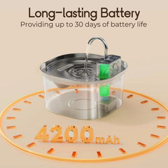 A stainless steel pet water fountain with a visible internal battery and pump.