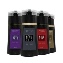 Four bottles of Nova hair dye shampoo in purple, black, red, and brown colors.