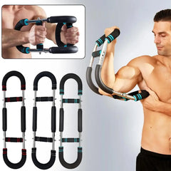 An adjustable spring arm exerciser shown in use and as a set of three units.