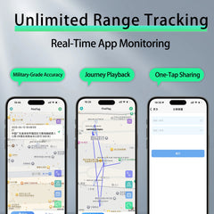 Three smartphones display a tracking application interface showing real-time location and history.