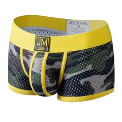 Men's camouflage mesh boxer briefs with a yellow waistband and a JOCKMAIL logo patch.