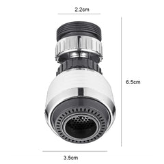 A chrome and white 360-degree rotary faucet nozzle with a mesh filter and labeled dimensions.