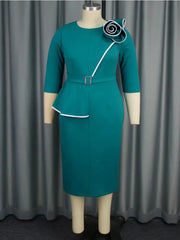 Business Casual Women Long Sleeve Fitted Dress with 3D Floral Color Block Design Elegant Office Wear Pencil Skirt Style