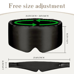 A black silk sleep mask shown in both a circular form and laid flat with size measurements.