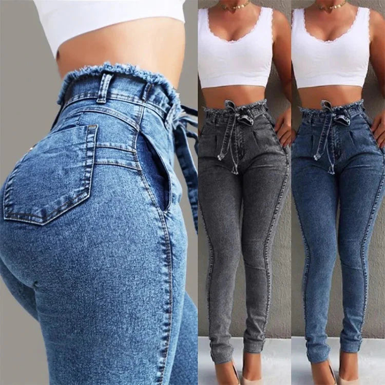 High Waist Jeans For Women Slim Stretch Denim Jean Bodycon Tassel Belt Bandage Skinny Push Up Jeans Woman clothe 4XL 5XL SHOWLU FASHION STORE