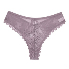 A purple low-rise thong featuring sheer mesh sides and a decorative floral lace center panel.