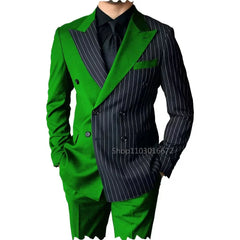A slim fit two-piece men's suit featuring a green and black pinstriped double-breasted blazer.