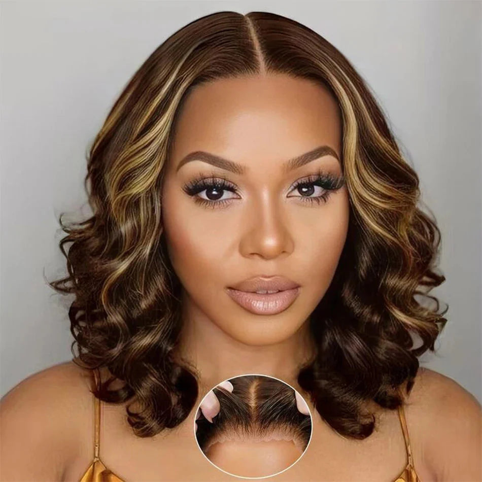 100% Malaysia Hair 250 Density Double Drawn P4 27 Ombre Highlight Bouncy Wave Wear and Go 5x5 Glueless Human Hair Bob Curly Wigs SHOWLU FASHION STORE