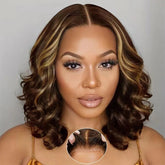 100% Malaysia Hair 250 Density Double Drawn P4 27 Ombre Highlight Bouncy Wave Wear and Go 5x5 Glueless Human Hair Bob Curly Wigs SHOWLU FASHION STORE