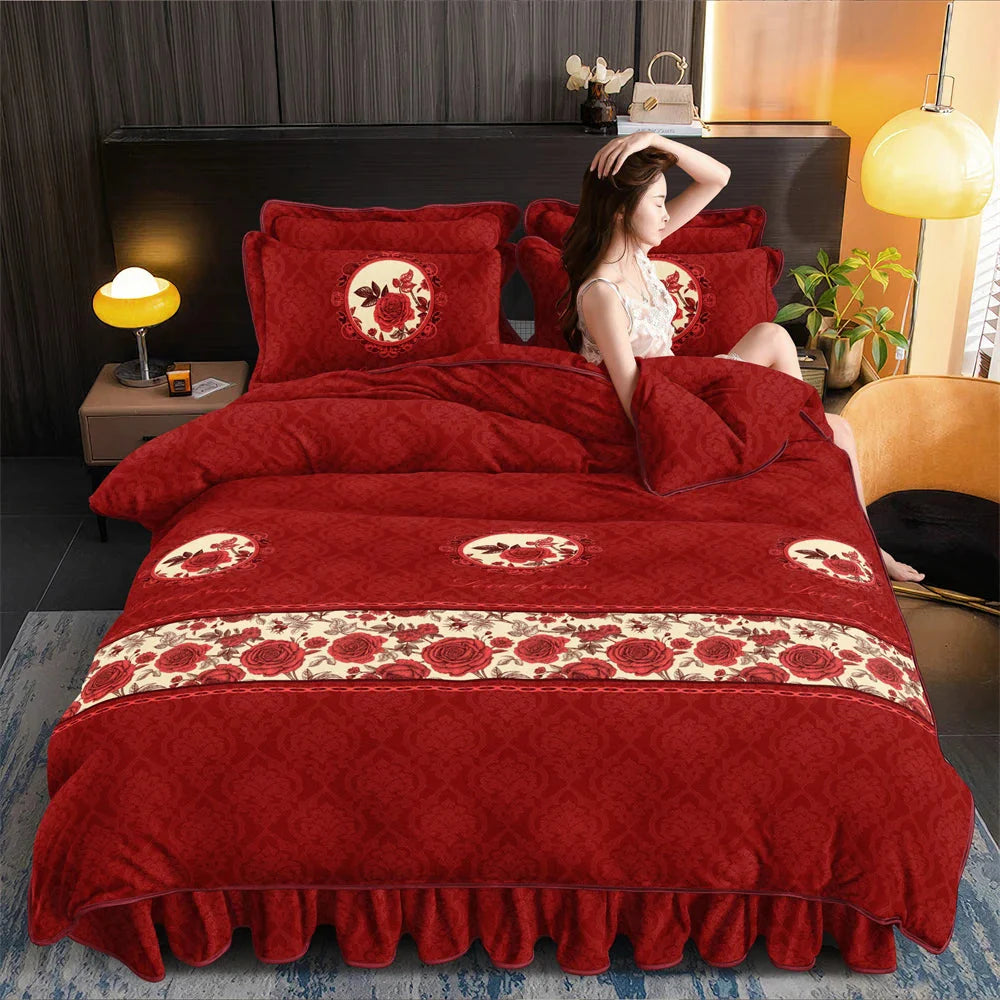 Winter Warm Coral Velvet Bedding Sets Home Double-Sided Thickened Flannel Four-Piece Set Quilt Cover Sheet Milk Velvet Bed Skirt SHOWLU FASHION STORE