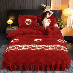 Winter Warm Coral Velvet Bedding Sets Home Double-Sided Thickened Flannel Four-Piece Set Quilt Cover Sheet Milk Velvet Bed Skirt SHOWLU FASHION STORE
