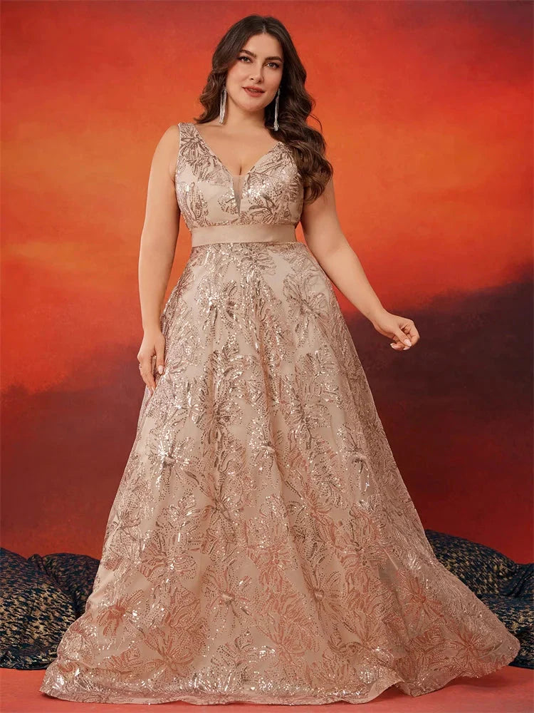 Lucyinlove Plus Size Luxury Deep V-Neck Sequins Blue Evening Dress Women Elegant V-back Wedding Party Long Prom Cocktail Dresses SHOWLU FASHION STORE