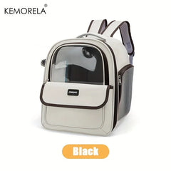 A beige pet carrier backpack with a clear front window and mesh side panels.