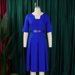 Elegant Office Dresses for Woman V Neck Half Sleeve High Waisted Belt Waisted Pleated Mid Calf Classy Modest Female Work Gowns