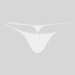 A white low-rise men's thong made from stretchy, breathable knit fabric.