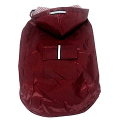 A solid maroon dog raincoat with a hood, a back pocket, and a reflective stripe.