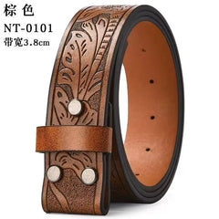 A brown western-style PU leather belt featuring an embossed floral pattern and silver rivets.