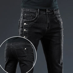 Classic Slim Vintage Fashion Men's Designer Jeans Snowflake Grey Wash Korean Fashion Stretch Pants Multi-button Denim Trousers