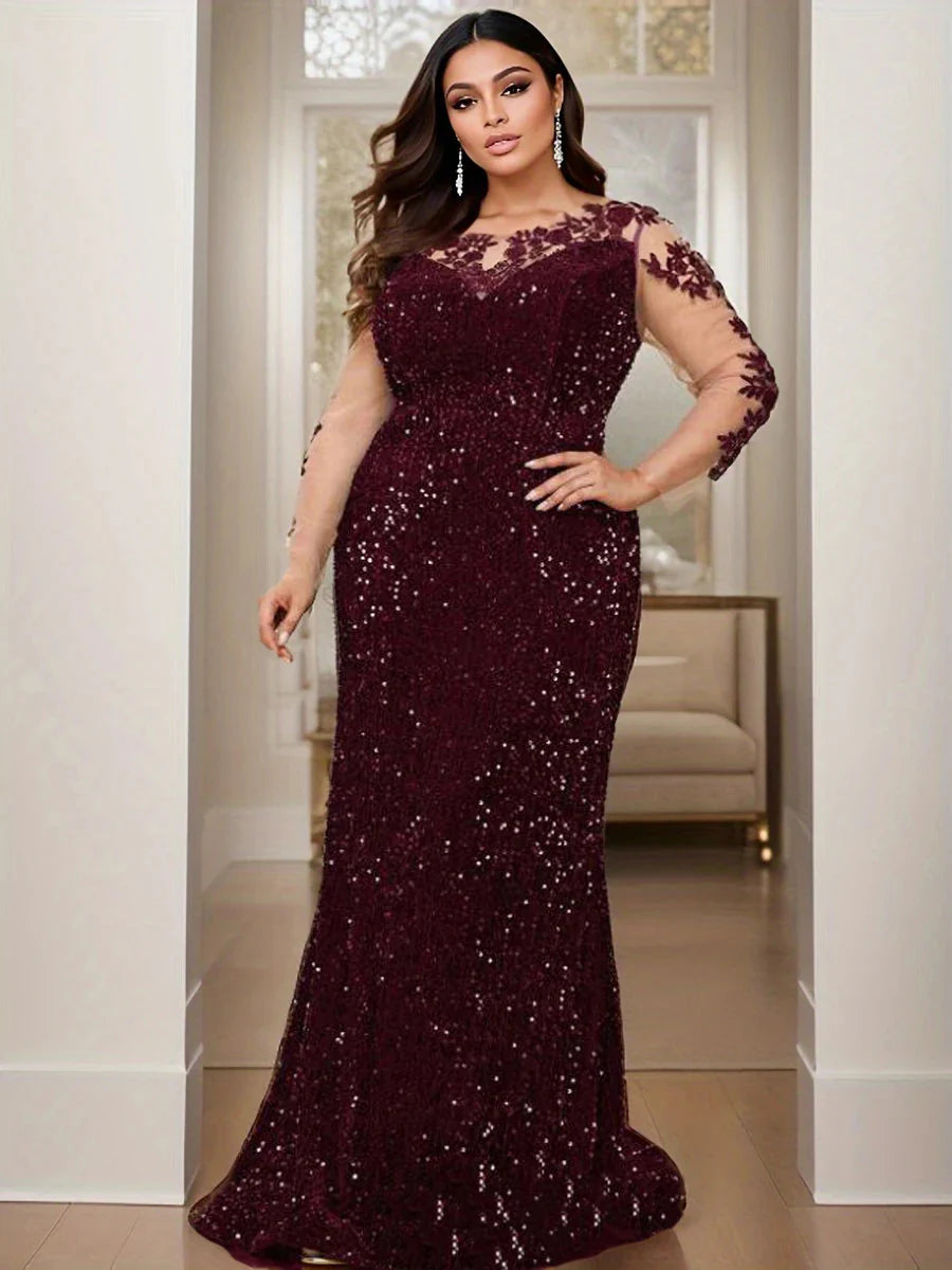 Curve Evening Party Long Dress Lace Patchwork Sequined Velvet Full Sleeved Hollow Out Maxi Prom Gown for Women SHOWLU FASHION STORE