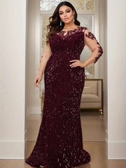 Curve Evening Party Long Dress Lace Patchwork Sequined Velvet Full Sleeved Hollow Out Maxi Prom Gown for Women SHOWLU FASHION STORE