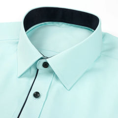 A light blue long-sleeve dress shirt featuring a dark contrasting collar and button placket.
