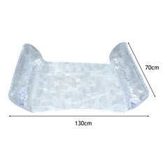 An inflatable pool lounger with two glittery, transparent pillows connected by a mesh center.