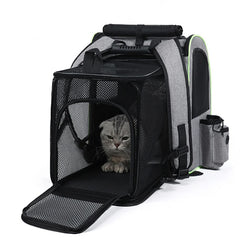 A grey expandable cat carrier backpack with breathable mesh panels and a small side pocket.