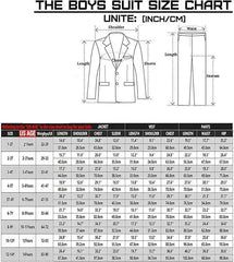 A size chart for a boys formal suit featuring measurements for jackets, vests, and pants.