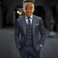 Dark Grey High Quality Boy Suits Slim Fit Single Breasted Peak Lapel Elegant Boy 3 Piece Jacket Pants Vest Kids Sets