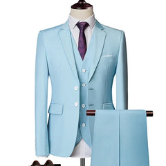 A light blue three-piece men's suit featuring a single-breasted jacket, vest, and matching pants.