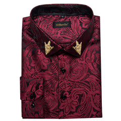 Men's Patterned Brocade Shirt with Gold Crown Collar Accents: Perfect for Luxury Galas, Formal Weddings