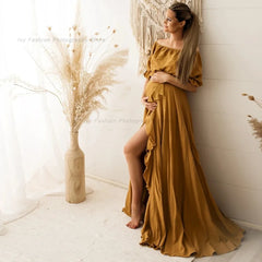 Maternity Dress Photography Studio Prop Cotton High Slit Off Shoulder Boho Beach Pregnancy Photoshoot Maxi Dress For Baby Shower