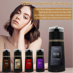 A woman poses next to five bottles of Nova hair coloring shampoo in various shades.