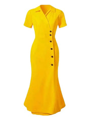 Elegant Solid Color Short Sleeve Button-Up Neck Midi Dress Casual Slimming Women's Dress Waist-Cinching Slimming