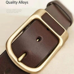 A brown leather belt with a brushed gold-tone metal pin buckle.