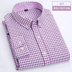 A folded men's long-sleeve button-down shirt featuring a purple and white checkered pattern.