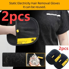 Two black double-sided pet hair removal gloves with yellow accents for grooming and cleaning.