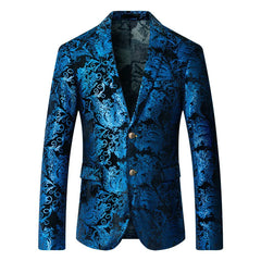 A slim-fit men's blazer in black with a vibrant blue floral paisley pattern and two front buttons.
