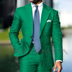 Blue Linen Single Breasted Men Suit Two Pieces(Jacket+Pants) Outfits Casual Party Prom Wedding Set