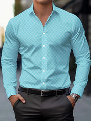 Men's long sleeve dress shirt with geometric pattern, lapel collar, casual button-up design for formal occasions by Showlu Fashion.