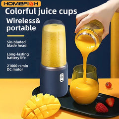 A portable mini blender pouring orange juice into a glass next to fresh fruit.