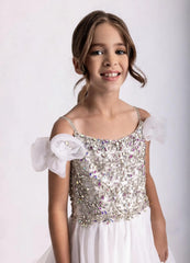 Snvdzo Off Shoulder 3D Flower Sleeve Pageant Dress Crystal Beaded Bodice Flower Girl Dress For Wedding Pageant Birthday Party
