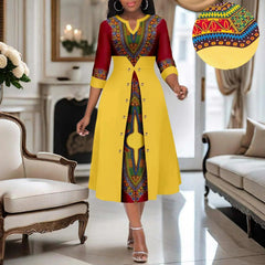 A woman wears a mid-calf V-neck dress featuring a yellow overlay with buttons over a printed panel.