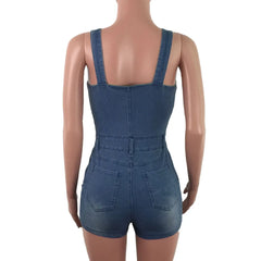 A back view of a sleeveless denim romper with a button fly and two back pockets.