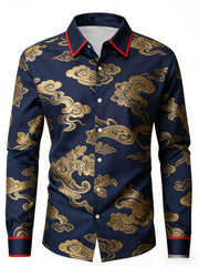 A navy blue long-sleeved men's shirt featuring a gold floral print and red collar trim.